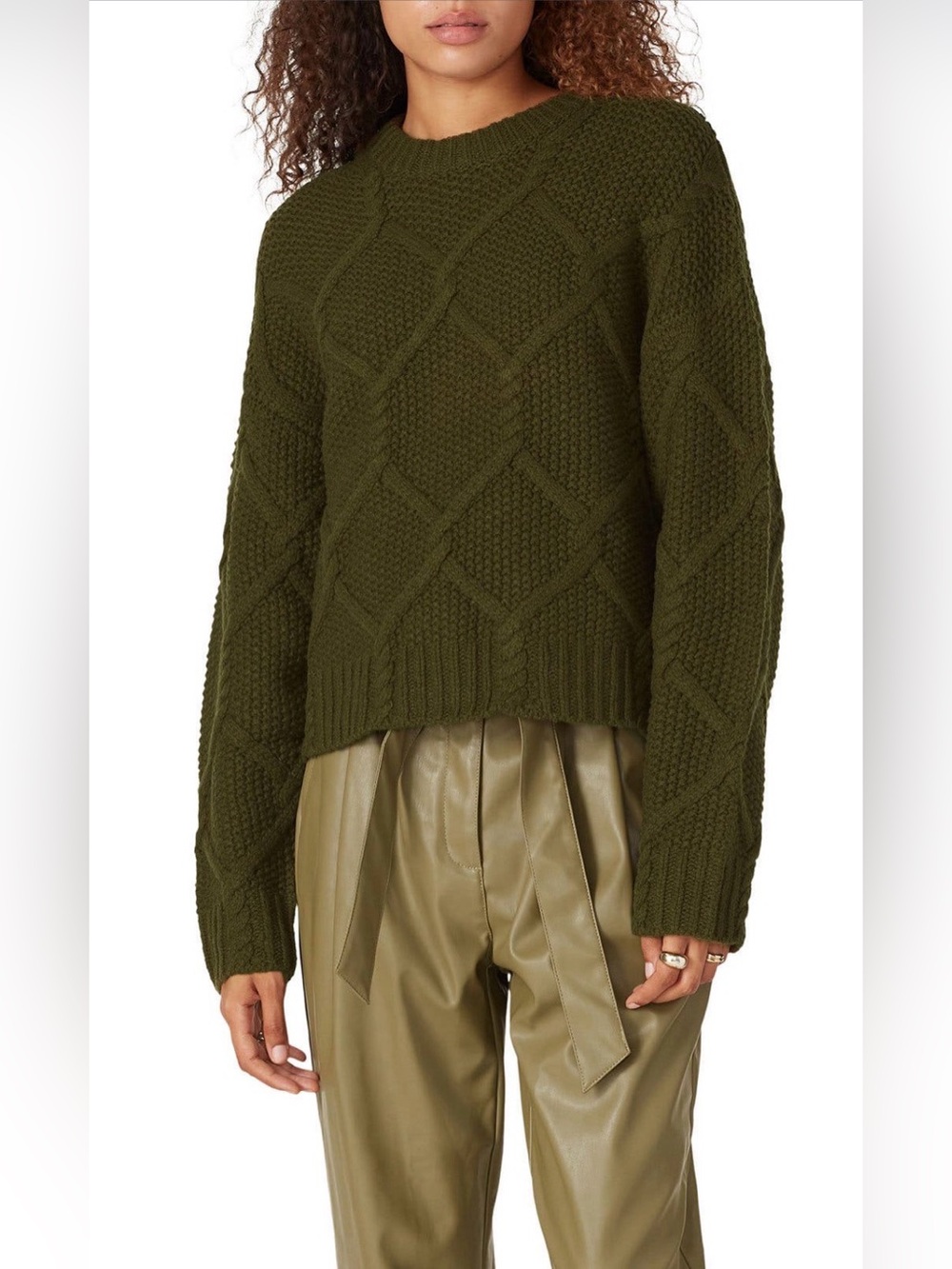 SAMSOE Samsoe Olive Green Cable-Knit Crew Sweater